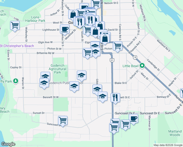 map of restaurants, bars, coffee shops, grocery stores, and more near 187 Cameron Street in Goderich