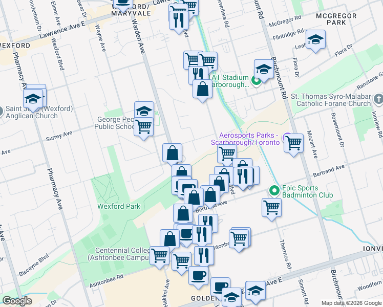 map of restaurants, bars, coffee shops, grocery stores, and more near in Toronto