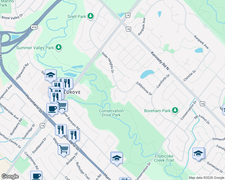 map of restaurants, bars, coffee shops, grocery stores, and more near 24 McArthur Heights in Brampton