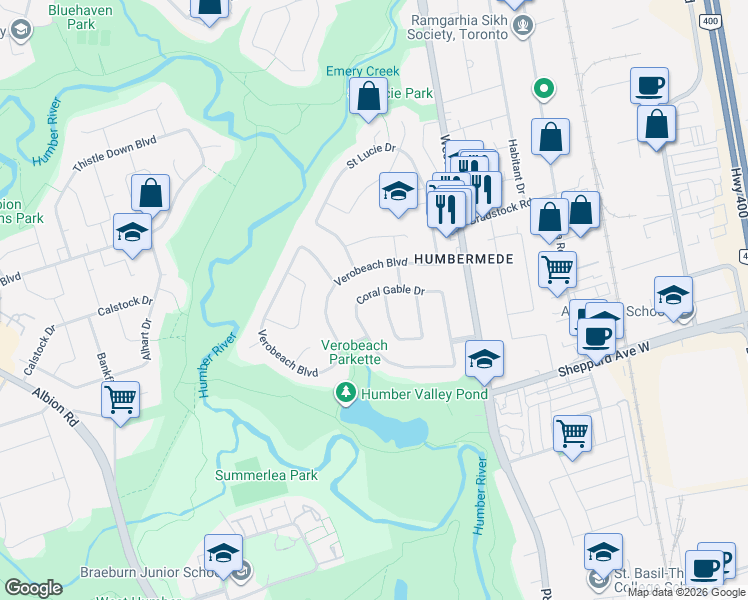 map of restaurants, bars, coffee shops, grocery stores, and more near 63 Coral Gable Drive in Toronto