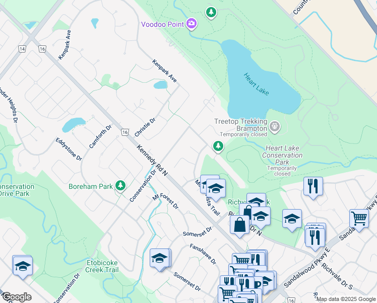 map of restaurants, bars, coffee shops, grocery stores, and more near 8 Chalmers Court in Brampton
