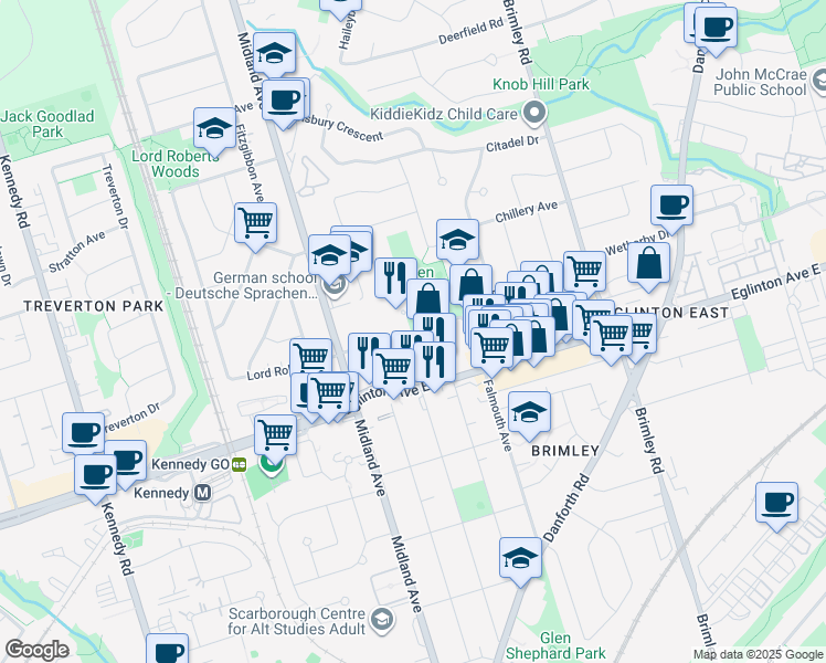 map of restaurants, bars, coffee shops, grocery stores, and more near 40 Gilder Drive in Toronto