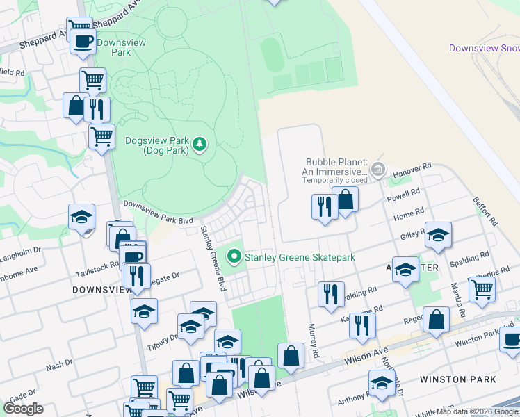 map of restaurants, bars, coffee shops, grocery stores, and more near in Toronto