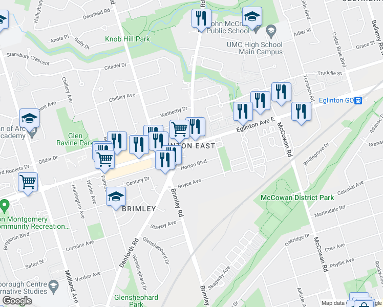 map of restaurants, bars, coffee shops, grocery stores, and more near 2803 Eglinton Avenue East in Toronto