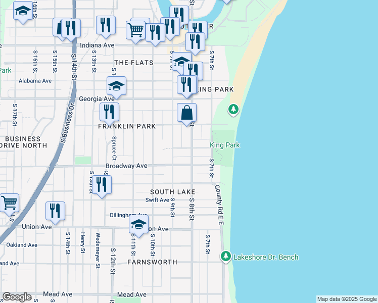 map of restaurants, bars, coffee shops, grocery stores, and more near 1543 South 8th Street in Sheboygan