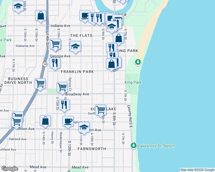 map of restaurants, bars, coffee shops, grocery stores, and more near 824 Spring Avenue in Sheboygan