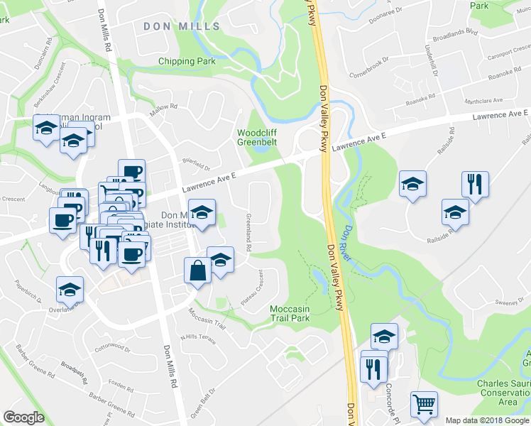 map of restaurants, bars, coffee shops, grocery stores, and more near 41 Deepwood Crescent in Toronto