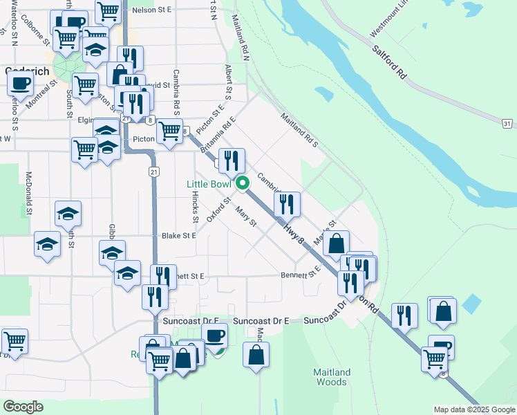 map of restaurants, bars, coffee shops, grocery stores, and more near 242 Huron Road in Goderich