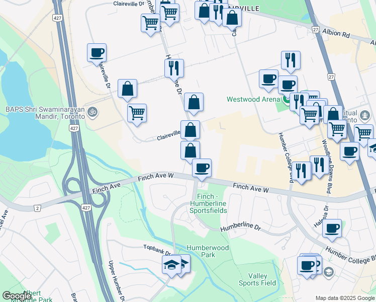 map of restaurants, bars, coffee shops, grocery stores, and more near in Toronto