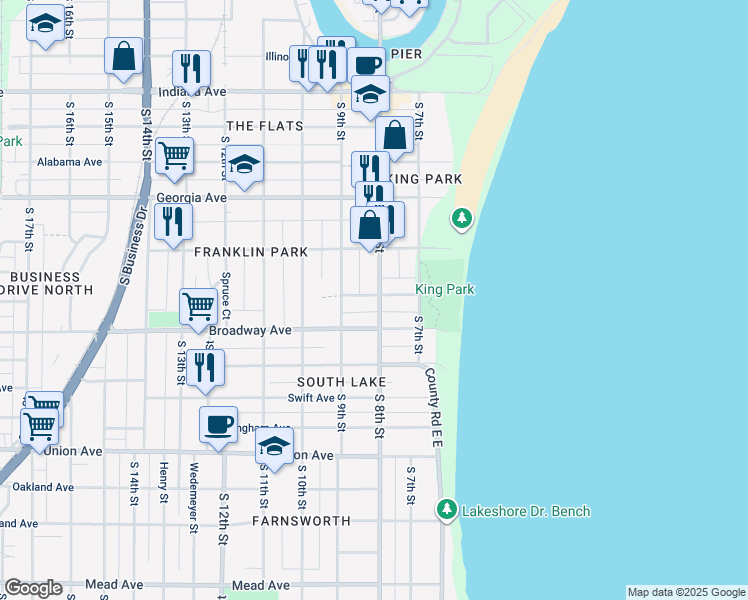 map of restaurants, bars, coffee shops, grocery stores, and more near 1543 South 8th Street in Sheboygan