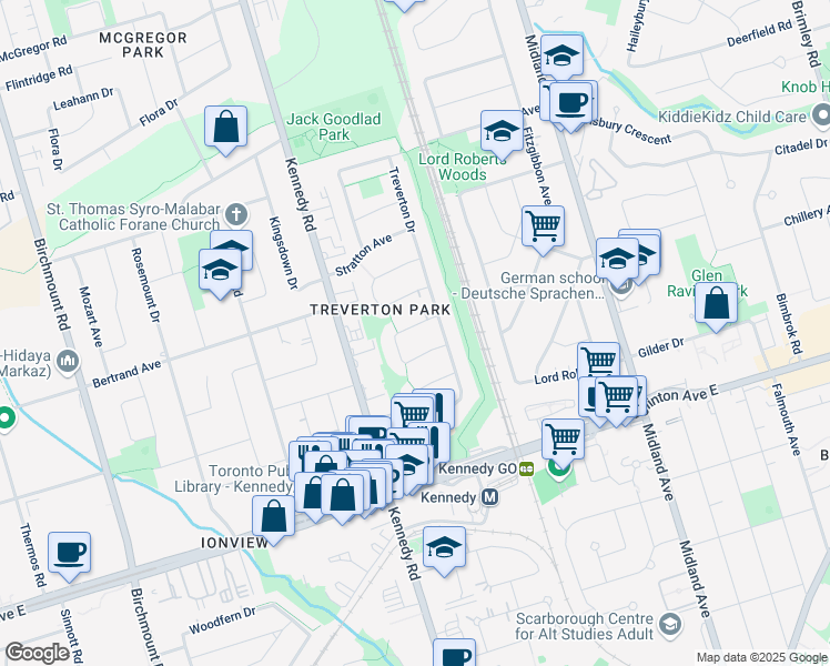 map of restaurants, bars, coffee shops, grocery stores, and more near 51 Oakworth Crescent in Toronto