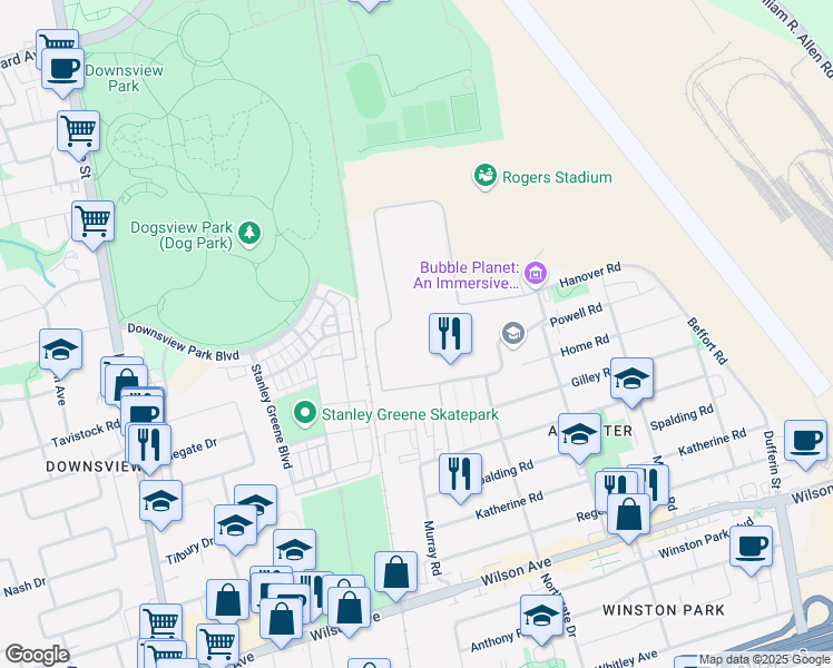 map of restaurants, bars, coffee shops, grocery stores, and more near 123 Garratt Boulevard in Toronto