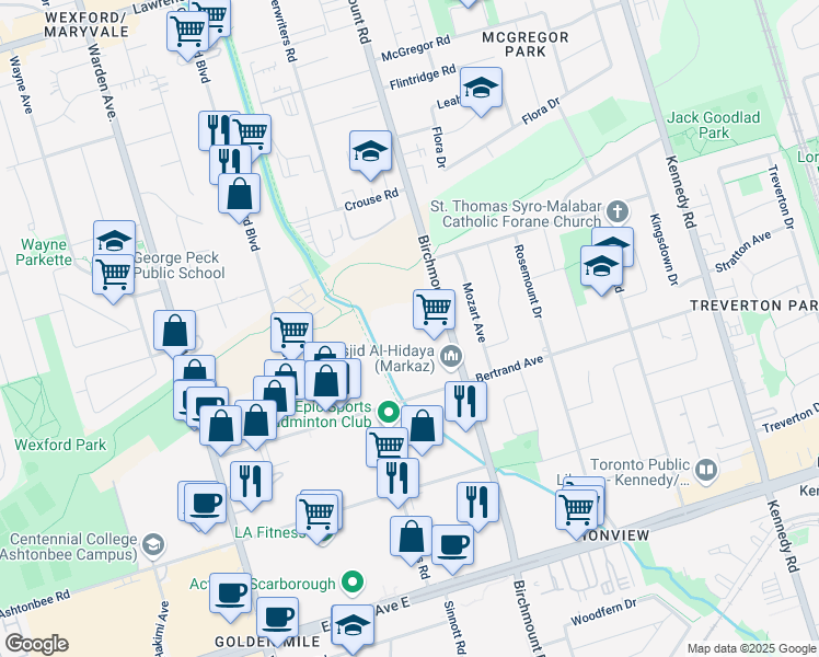 map of restaurants, bars, coffee shops, grocery stores, and more near in Toronto