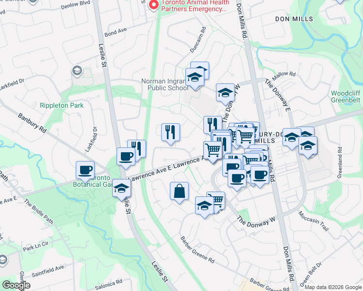 map of restaurants, bars, coffee shops, grocery stores, and more near 44 Tremont Crescent in Toronto