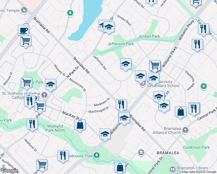 map of restaurants, bars, coffee shops, grocery stores, and more near 15 Jasper Crescent in Brampton