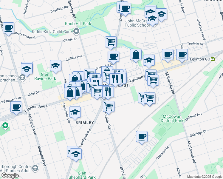 map of restaurants, bars, coffee shops, grocery stores, and more near 1085 Danforth Road in Toronto