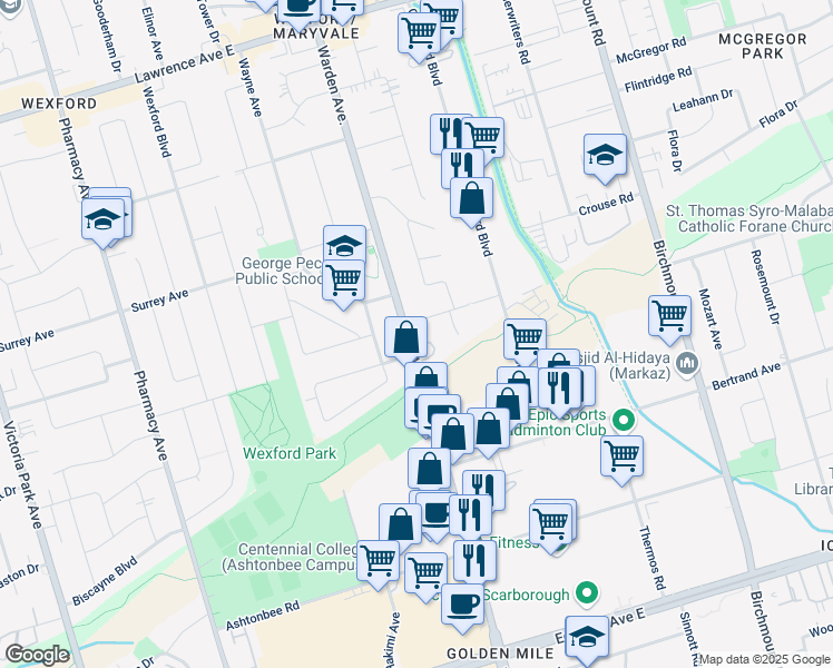 map of restaurants, bars, coffee shops, grocery stores, and more near 981 Warden Avenue in Toronto