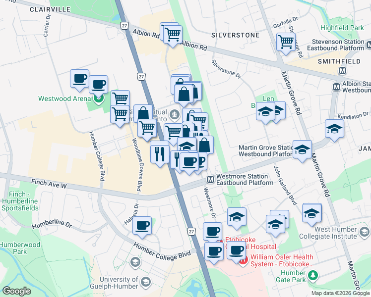 map of restaurants, bars, coffee shops, grocery stores, and more near 100 Westmore Drive in Toronto