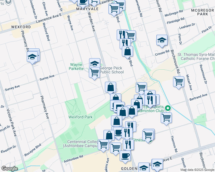 map of restaurants, bars, coffee shops, grocery stores, and more near in Toronto