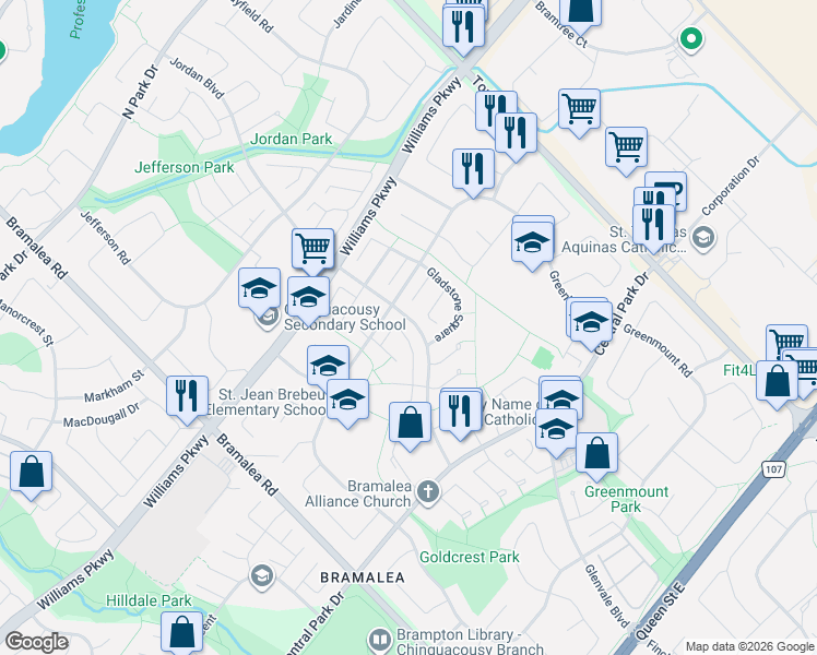 map of restaurants, bars, coffee shops, grocery stores, and more near 36 Grand Rapids Square in Brampton
