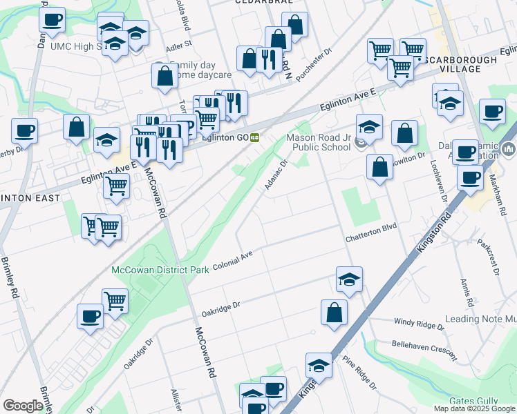 map of restaurants, bars, coffee shops, grocery stores, and more near 37 Adanac Drive in Toronto