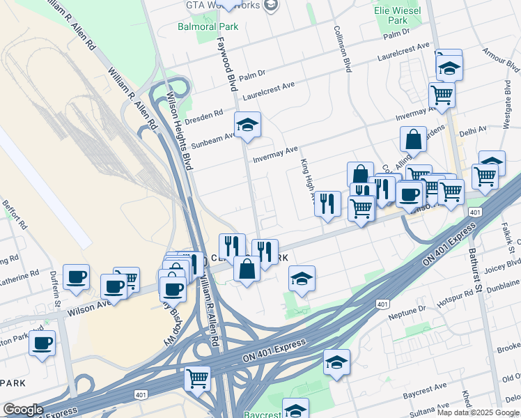 map of restaurants, bars, coffee shops, grocery stores, and more near 45 Faywood Boulevard in Toronto