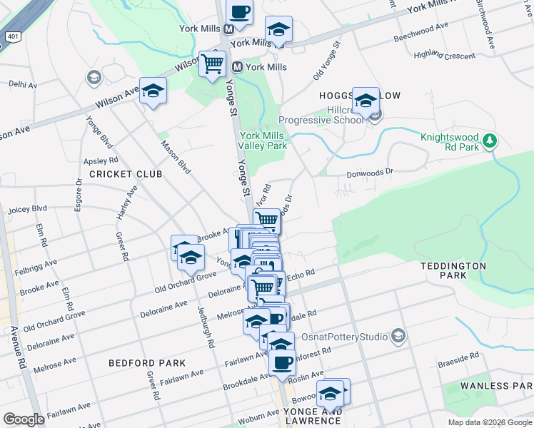 map of restaurants, bars, coffee shops, grocery stores, and more near 12 Donwoods Drive in Toronto