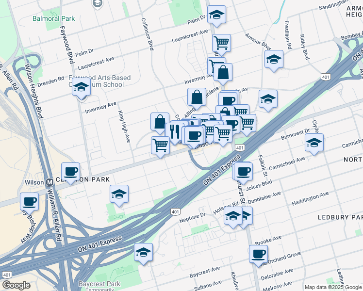 map of restaurants, bars, coffee shops, grocery stores, and more near 358 Wilson Avenue in Toronto