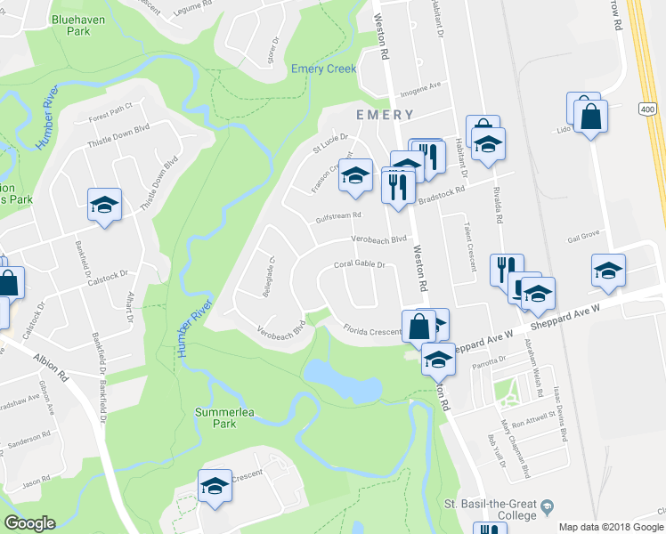 map of restaurants, bars, coffee shops, grocery stores, and more near 63 Coral Gable Drive in Toronto