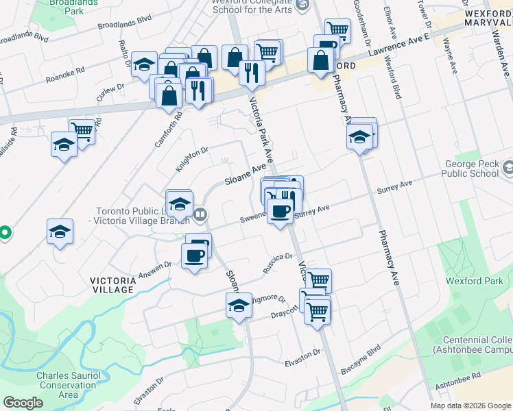 map of restaurants, bars, coffee shops, grocery stores, and more near 5 Prestbury Street in Toronto