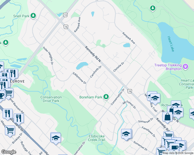 map of restaurants, bars, coffee shops, grocery stores, and more near 40 Cairnmore Court in Brampton