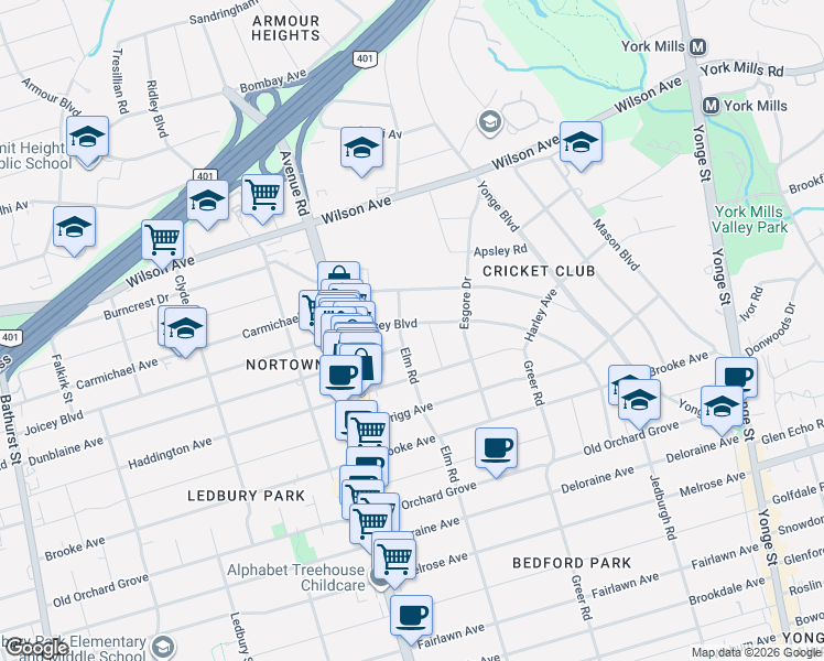 map of restaurants, bars, coffee shops, grocery stores, and more near 161 Joicey Boulevard in Toronto
