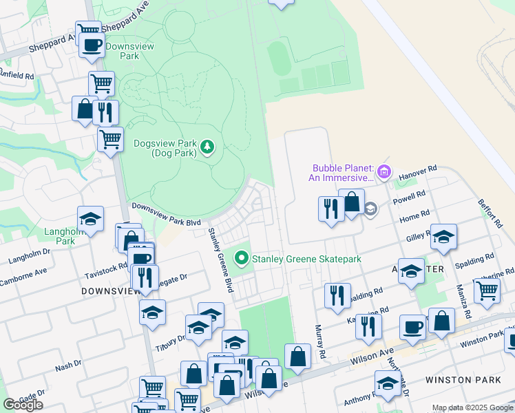 map of restaurants, bars, coffee shops, grocery stores, and more near 12 Thomas Mulholland Drive in Toronto