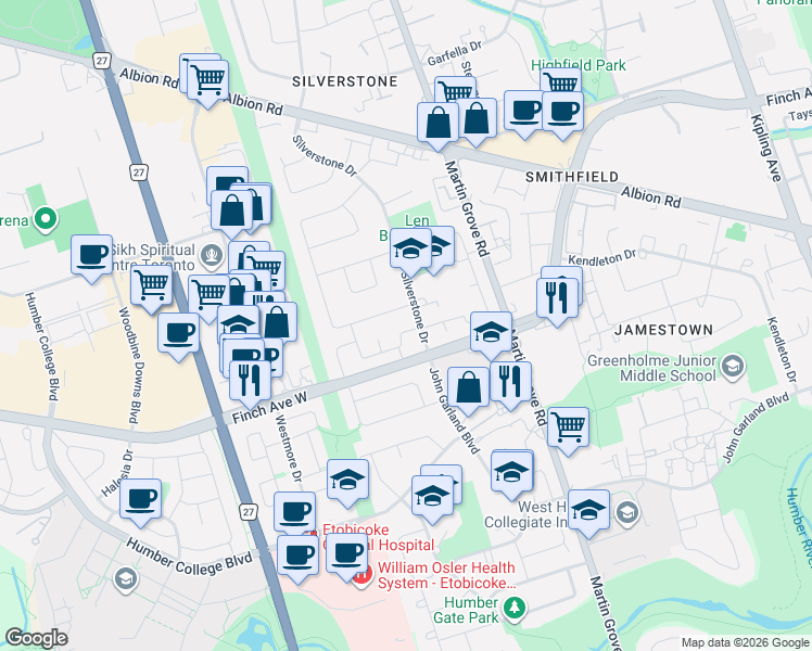 map of restaurants, bars, coffee shops, grocery stores, and more near 4 Hun Crescent in Toronto