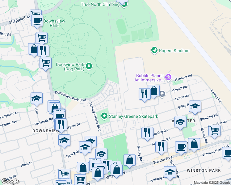 map of restaurants, bars, coffee shops, grocery stores, and more near in Toronto