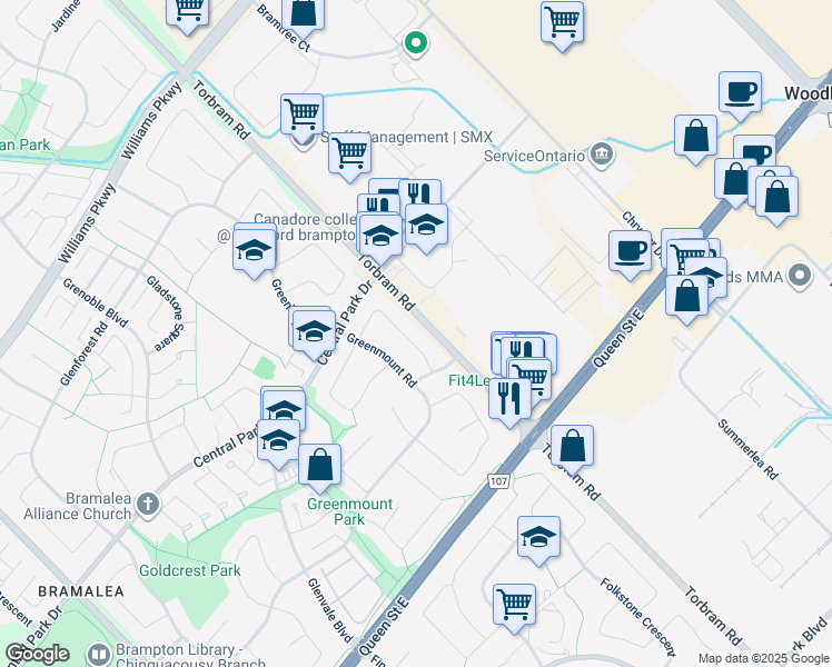 map of restaurants, bars, coffee shops, grocery stores, and more near in Brampton