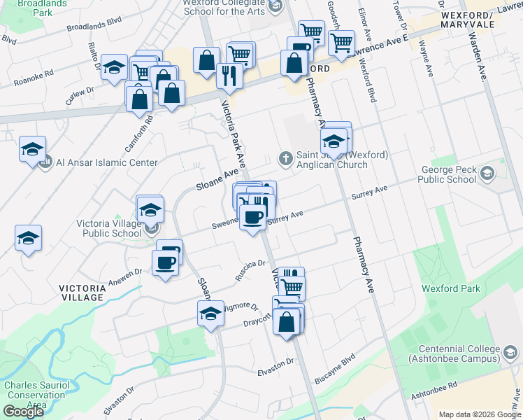 map of restaurants, bars, coffee shops, grocery stores, and more near 1731 Victoria Park Avenue in Toronto
