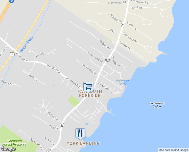 map of restaurants, bars, coffee shops, grocery stores, and more near 294 Foreside Road in Falmouth