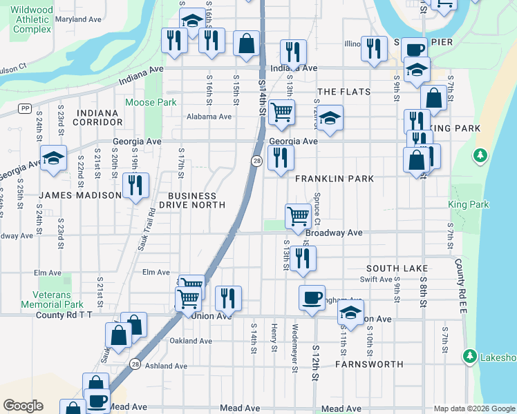 map of restaurants, bars, coffee shops, grocery stores, and more near 1610 South 14th Street in Sheboygan