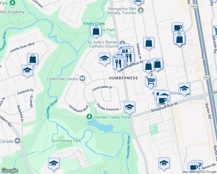 map of restaurants, bars, coffee shops, grocery stores, and more near Coral Gable Drive in Toronto