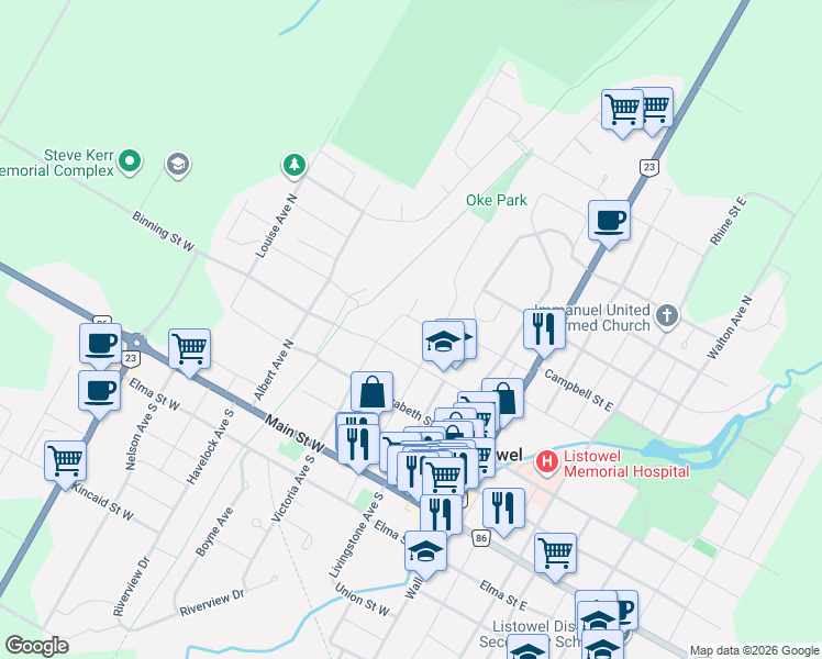 map of restaurants, bars, coffee shops, grocery stores, and more near in Listowel