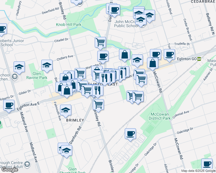 map of restaurants, bars, coffee shops, grocery stores, and more near 2791 Eglinton Avenue East in Toronto