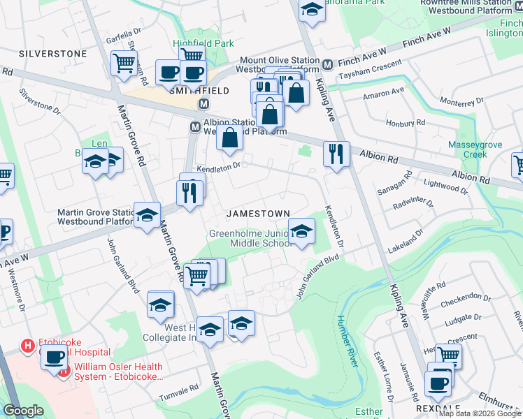 map of restaurants, bars, coffee shops, grocery stores, and more near 4 Masseygrove Crescent in Toronto