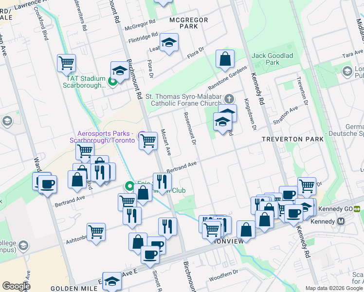 map of restaurants, bars, coffee shops, grocery stores, and more near 21 Chopin Avenue in Toronto