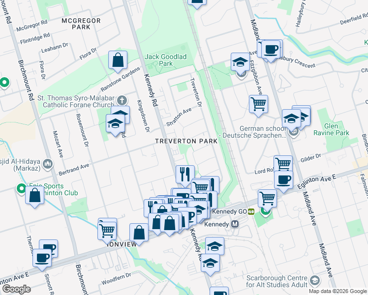 map of restaurants, bars, coffee shops, grocery stores, and more near 20A Oakworth Crescent in Toronto