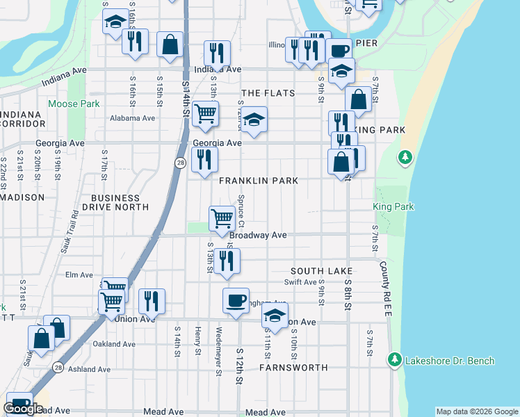 map of restaurants, bars, coffee shops, grocery stores, and more near 1544 S 11th St in Sheboygan