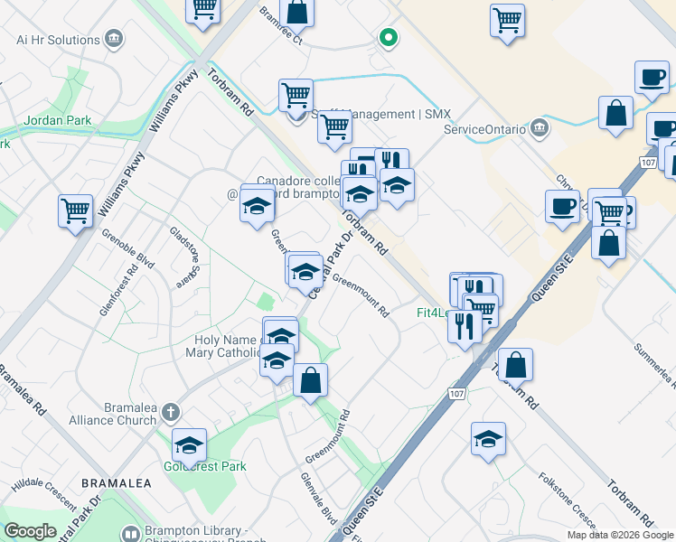 map of restaurants, bars, coffee shops, grocery stores, and more near in Brampton