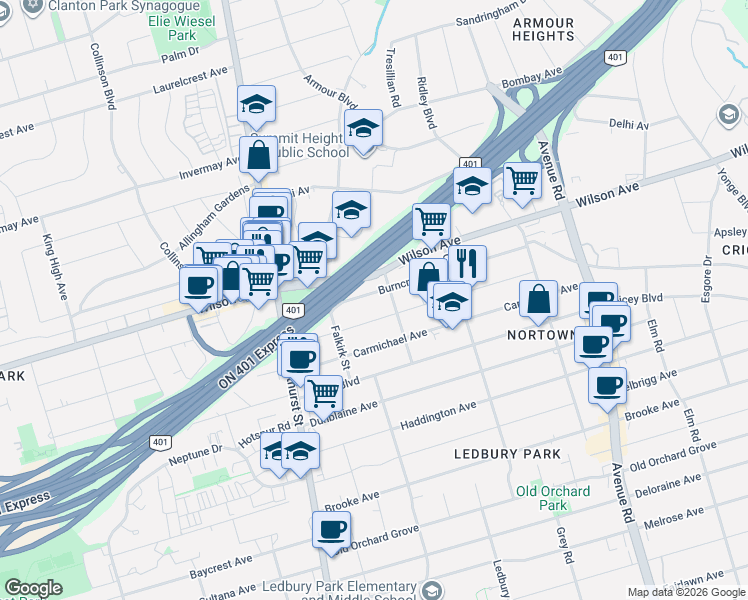 map of restaurants, bars, coffee shops, grocery stores, and more near 89 Burncrest Drive in Toronto