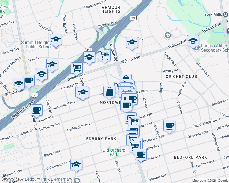 map of restaurants, bars, coffee shops, grocery stores, and more near 19 Carmichael Avenue in Toronto