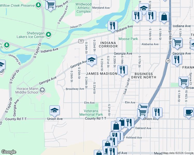 map of restaurants, bars, coffee shops, grocery stores, and more near 1615 S 23rd St in Sheboygan